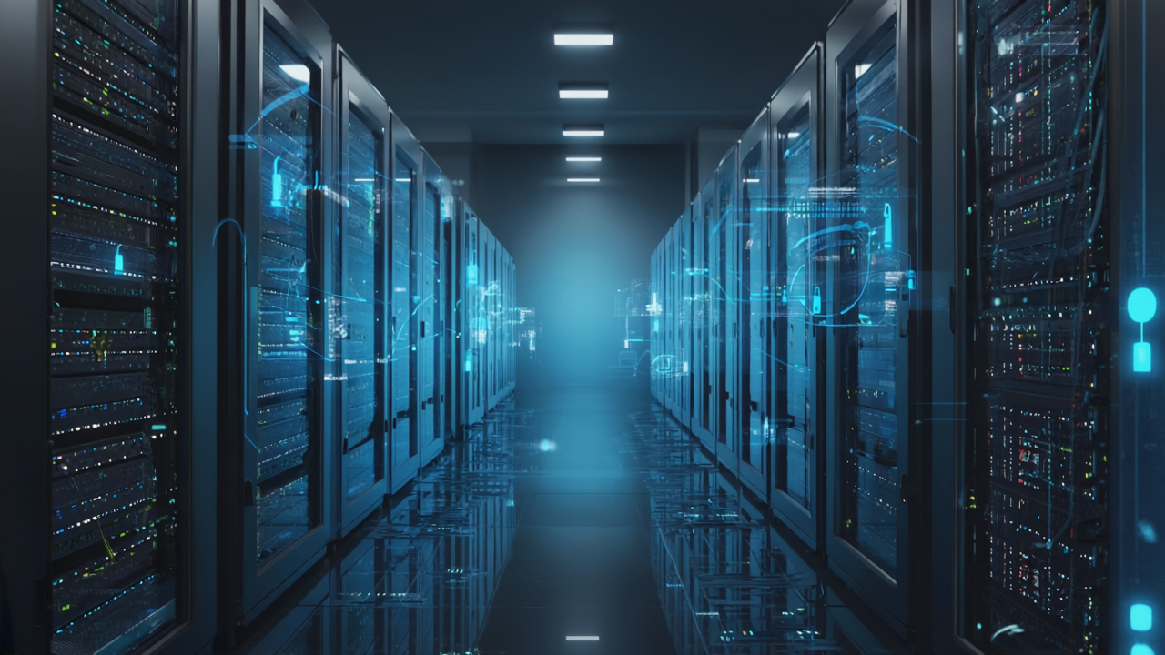 An image of computer networks, servers, and cybersecurity